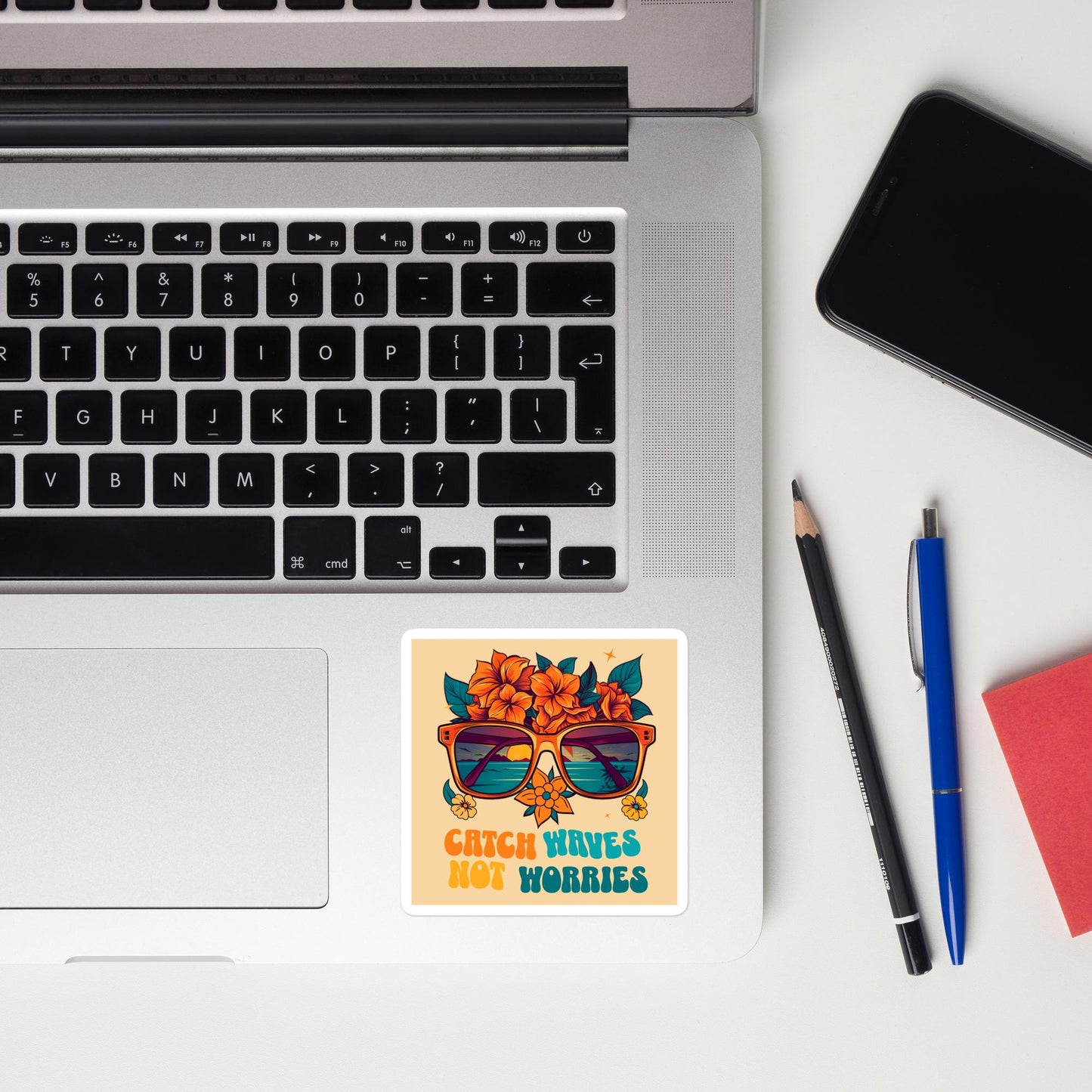Catch Waves Not Worries (Beach Theme) - Square Cut Sticker